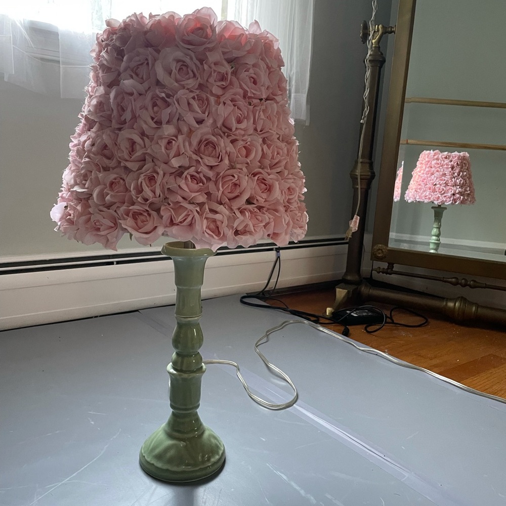 Pottery Barn Kids Rose Lamp Shade with Green Ceramic Candlestick base